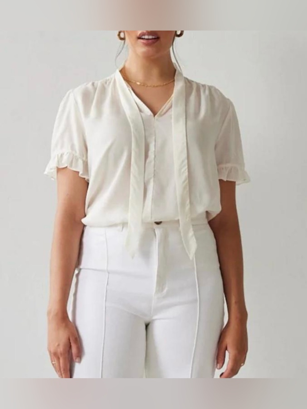 Brass Ruffle sleeve tie neck short sleeve blouse size large